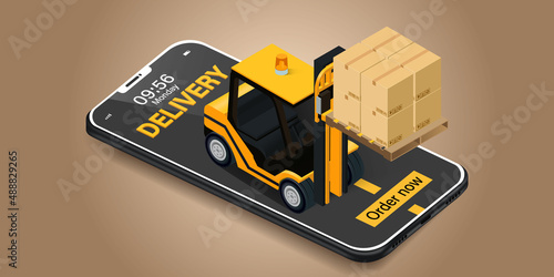 Parcel tracking app. Yellow forklift with cargo box is on mobile phone. Online Parcel Inspection Concept.Online delivery transport logistics service. Warehouse factory express delivery box.