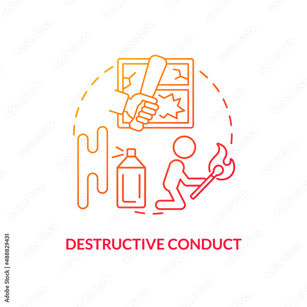 Destructive conduct red gradient concept icon. Groups of behaviors. Mental issue. Conduct disorder abstract idea thin line illustration. Isolated outline drawing. Myriad Pro-Bold fonts used Destructive conduct red gradient concept icon. Groups of behaviors. Mental issue. Conduct disorder abstract idea thin line illustration. Isolated outline drawing. Myriad Pro-Bold fonts used