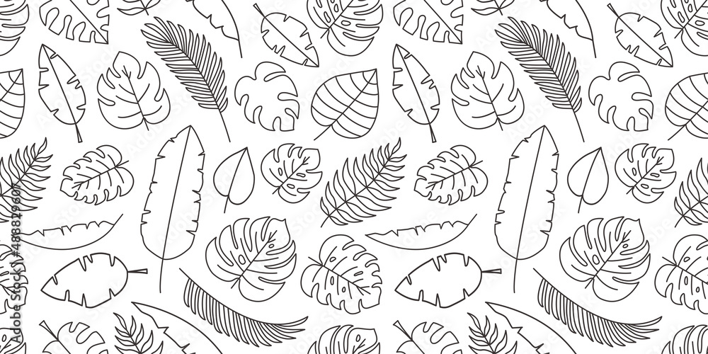 Fototapeta premium Palm leaf line vector seamless pattern, exotic floral background, tropical foliage leaves texture. Nature black outline print. Plant illustration