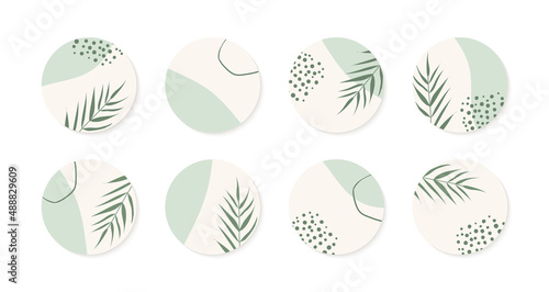 Vector highlight story cover icons for instagram. Abstract circle organic green backgrounds with palm leaves for social media stories