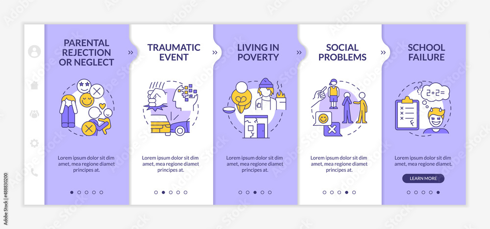 Conduct disorder risk factors purple and white onboarding template. Responsive mobile website with linear concept icons. Web page walkthrough 5 step screens. Lato-Bold, Regular fonts used