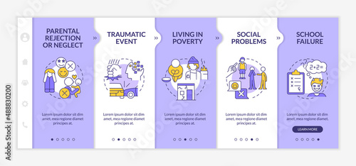Conduct disorder risk factors purple and white onboarding template. Responsive mobile website with linear concept icons. Web page walkthrough 5 step screens. Lato-Bold, Regular fonts used