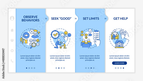Conduct disorder tips for teacher blue and white onboarding template. Responsive mobile website with linear concept icons. Web page walkthrough 4 step screens. Lato-Bold, Regular fonts used