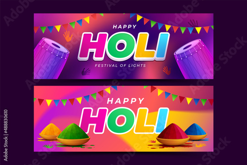 Colorful Holi Festival Banner or cover design with dry colors and dhol