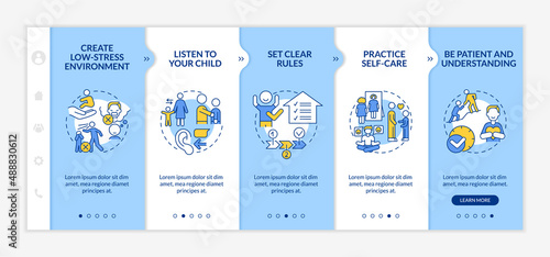 Conduct disorder tips for parents blue and white onboarding template. Responsive mobile website with linear concept icons. Web page walkthrough 5 step screens. Lato-Bold, Regular fonts used