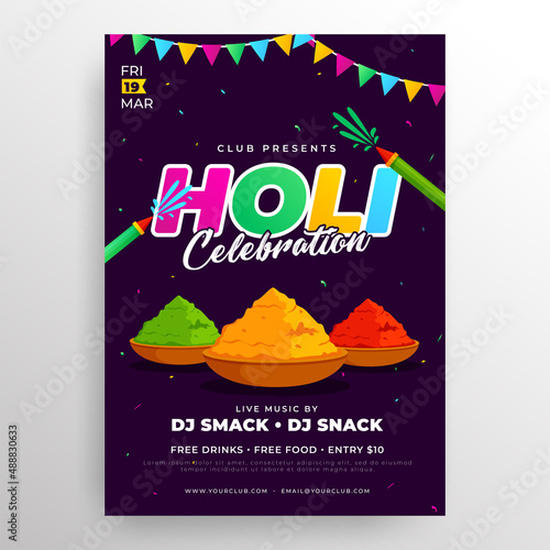 Colorful Holi Celebration Flyer Poster Design with dry colors and water guns