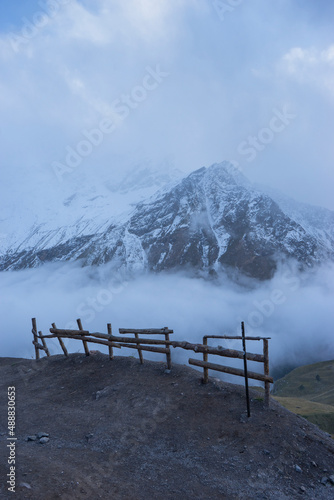 Fog and clouds on mountain. High mountain in mist and cloud