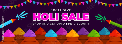 Colorful Holi Festival Banner or cover design with dry colors and water guns