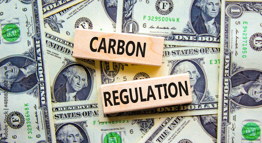 Carbon regulation symbol. Concept words Carbon regulation on wooden blocks on a beautiful background from dollar bills. Business and carbon regulation concept, copy space.