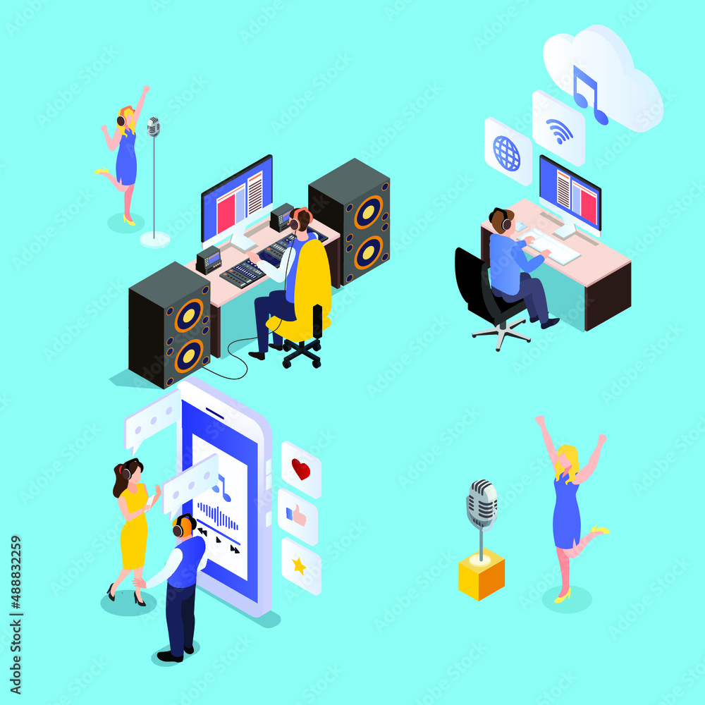 Music industry isometric 3d vector concept for banner, website, illustration, landing page, flyer, etc. Music industry isometric 3d vector concept for banner, website, illustration, landing page, flyer, etc.