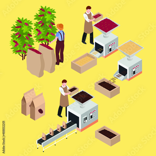 Coffee production industry isometric 3d vector concept for banner, website, illustration, landing page, flyer, etc.
