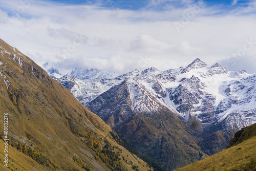 Breathtaking panorama of morning wild nature high in mountains