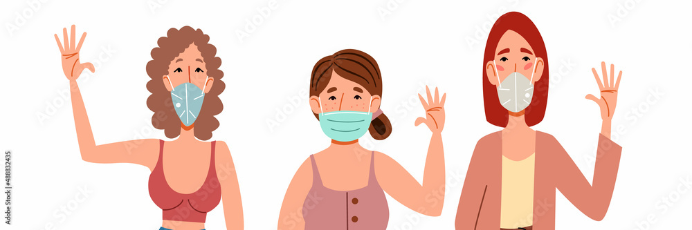 Fashionable women in medical masks say hello. A set of flat vector illustrations with a gesture of greeting people. Fashionable women in medical masks say hello. A set of flat vector illustrations with a gesture of greeting people.