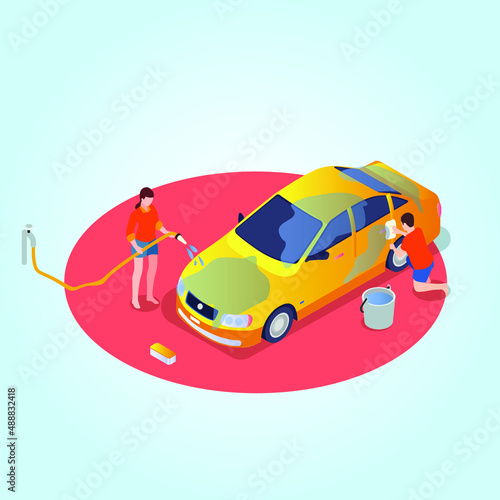 Couple washing car isometric 3d vector concept for banner, website, illustration, landing page, flyer, etc.