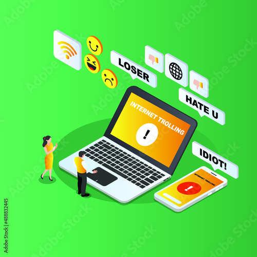 Internet trolling on laptop computer isometric 3d vector concept for banner, website, illustration, landing page, flyer, etc.