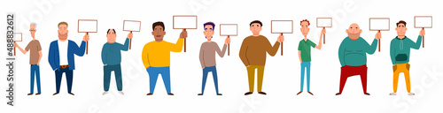 A set of men of different physiques and nationalities with a sign for the text in their hand. Vector illustration in a flat cartoon style.