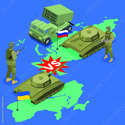Russia vs Ukraine war isometric 3d vector concept for banner, website, illustration, landing page, flyer, etc.