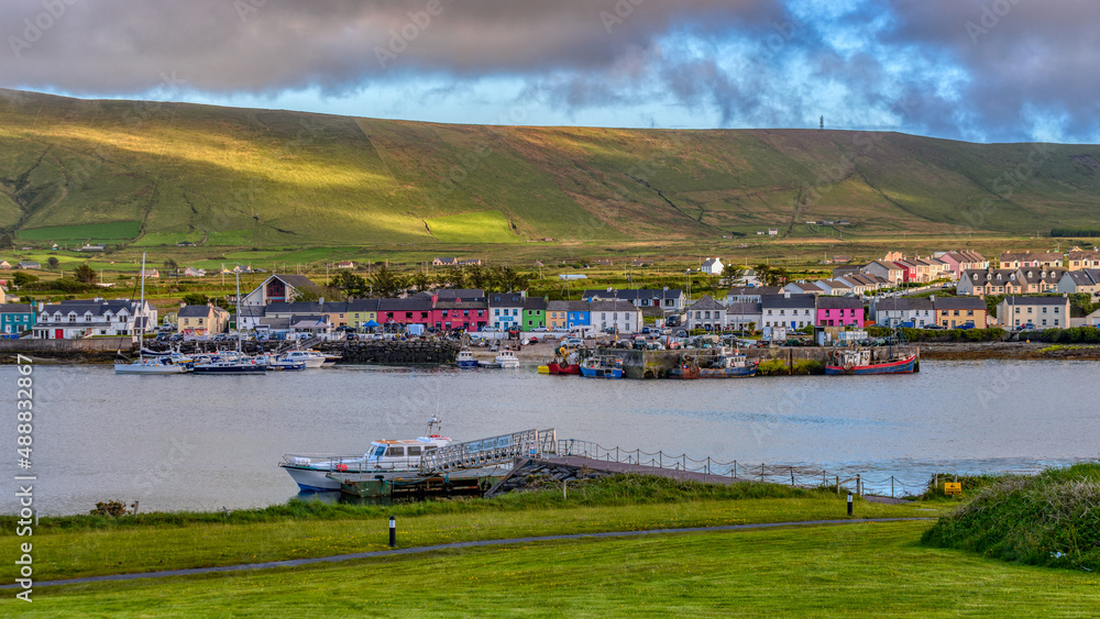 Portmagee Harbor with boats and ships seen from Valentia Island on Ring of Kerry Ireland