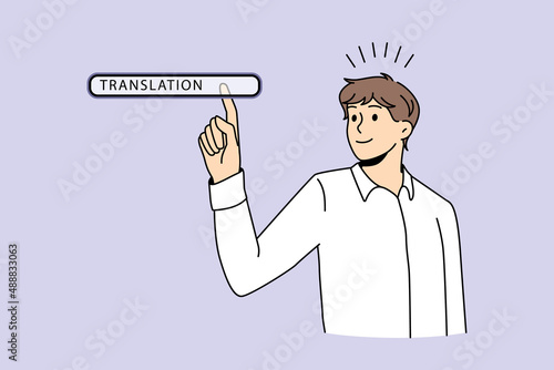 Translation online technologies button concept. Young man worker choosing translation in search bar on virtual screen language transcription internet networking vector illustration 