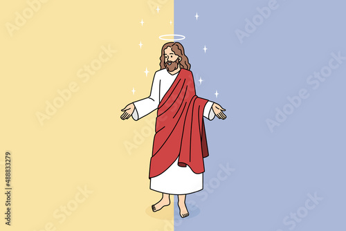 Bible and Jesus Christ concept. Kind smiling Jesus in red clothing standing and showing his big caring hands vector illustration 