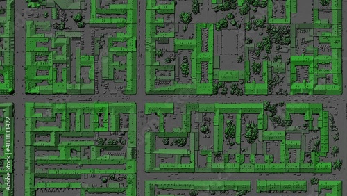 Digital elevation model. GIS product made after proccesing aerial pictures taken from a drone. It shows city urban area with roads and suburbs	
 photo