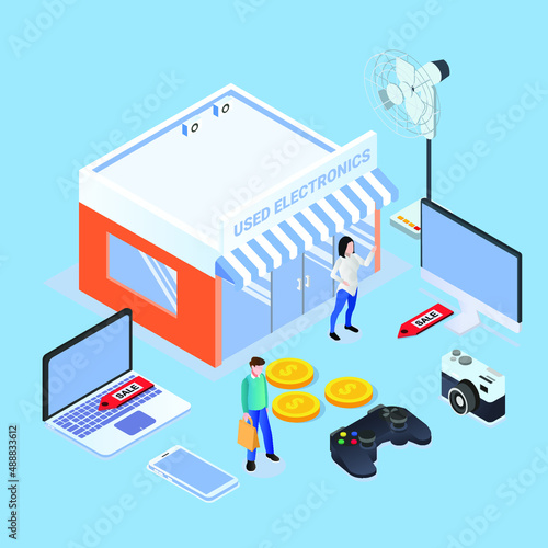 Used electronic shop isometric 3d vector concept for banner, website, illustration, landing page, flyer, etc.