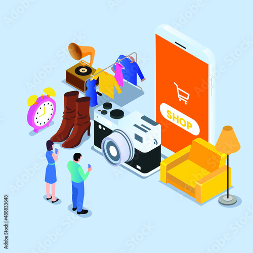 Online used market isometric 3d vector concept for banner, website, illustration, landing page, flyer, etc.