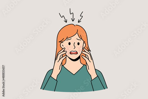 Itchy head and scalp concept. Stressed irritated woman standing and having itchy cheeks and scalp feeling problems with health vector illustration 