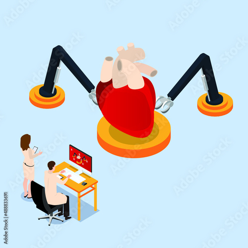 Robotic heart surgery isometric 3d vector concept for banner, website, illustration, landing page, flyer, etc.