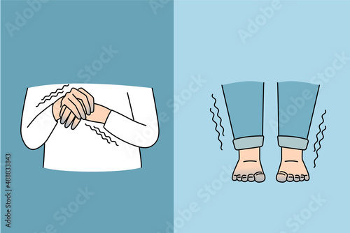 Sensitivity to cold and shaking concept. Human hands fingers and legs feet shaking from cold and having blue color sensitive to weather vector illustration 