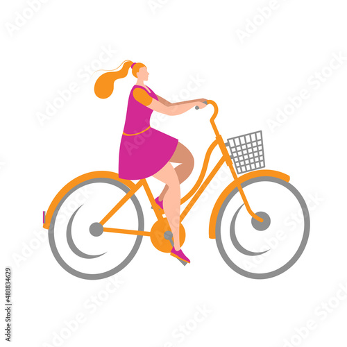 A beautiful girl in a dress rides a bicycle. Illustration on the theme of spring and bicycles.