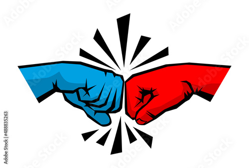 Greeting of two clenched fists of male hands. Comic cartoon poster in retro style. Vector on transparent background