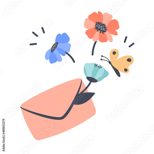 Fotografija Cute pink envelope with beautiful colorful flowers and butterfly