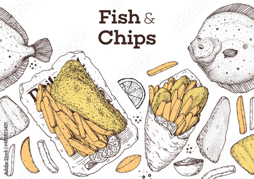 Fish and chips sketch vector illustration. British pub food. Hand drawn sketch. Cooking fish and chips. Engraved hand drawn vintage image. Menu design template.