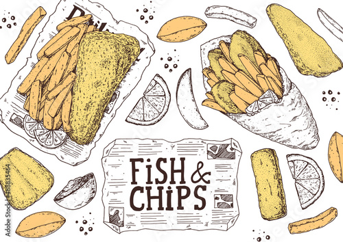 Fish and chips sketch vector illustration. British pub food. Hand drawn sketch. Cooking fish and chips. Engraved hand drawn vintage image. Menu design template.