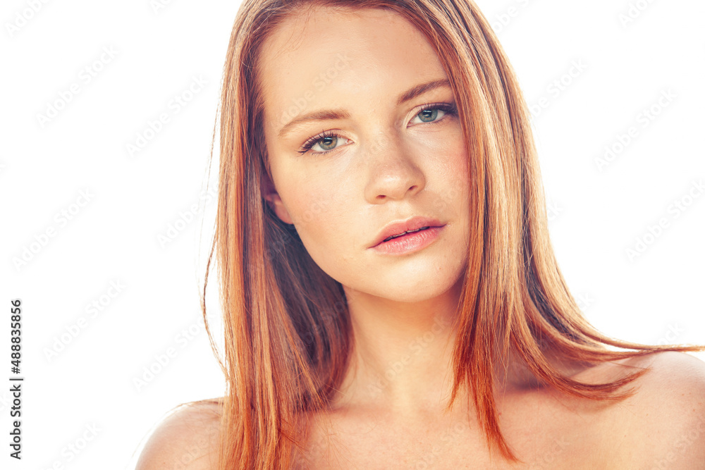 young sweet ginger woman close up isolated on white background, perfect pure innocense beautiful young sweet ginger woman close up isolated on white background, perfect pure innocense beautiful