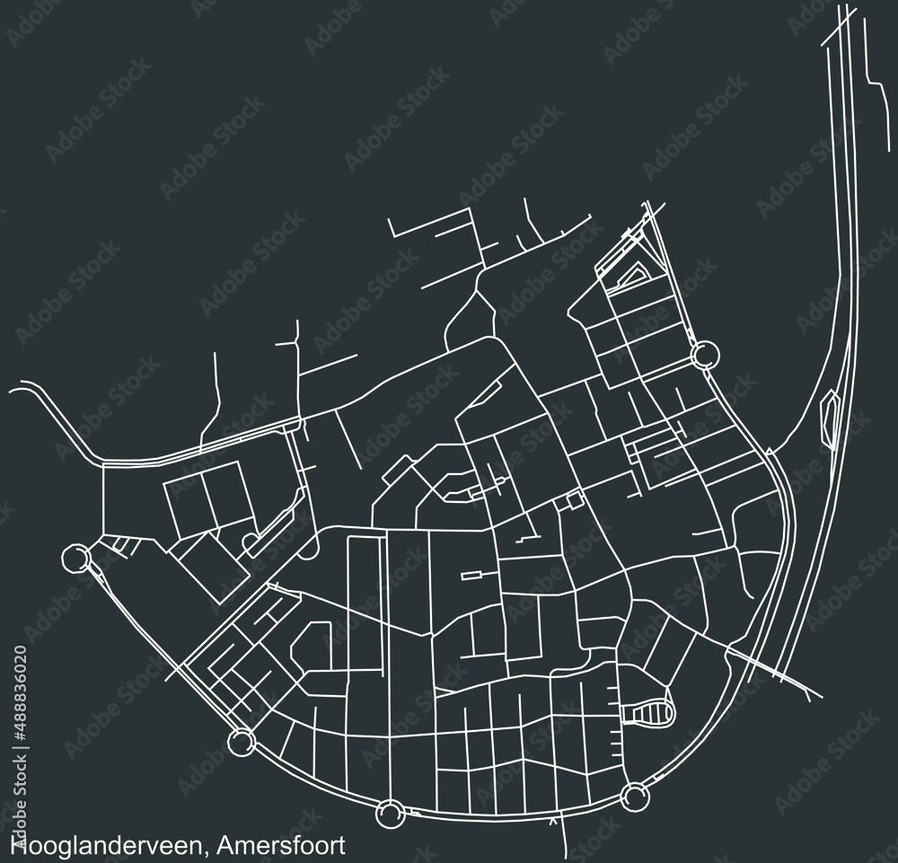 Detailed negative navigation white lines urban street roads map of the HOOGLANDERVEEN DISTRICT of the Dutch regional capital city Amersfoort, Netherlands on dark gray background