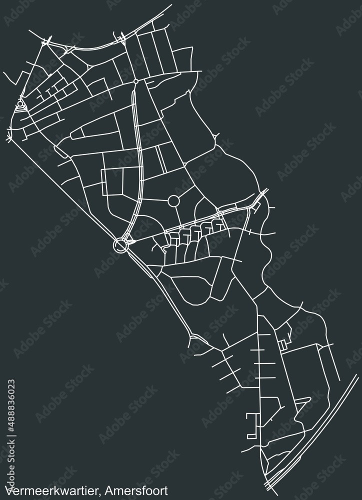 Detailed negative navigation white lines urban street roads map of the VERMEERKWARTIER DISTRICT of the Dutch regional capital city Amersfoort, Netherlands on dark gray background Detailed negative navigation white lines urban street roads map of the VERMEERKWARTIER DISTRICT of the Dutch regional capital city Amersfoort, Netherlands on dark gray background