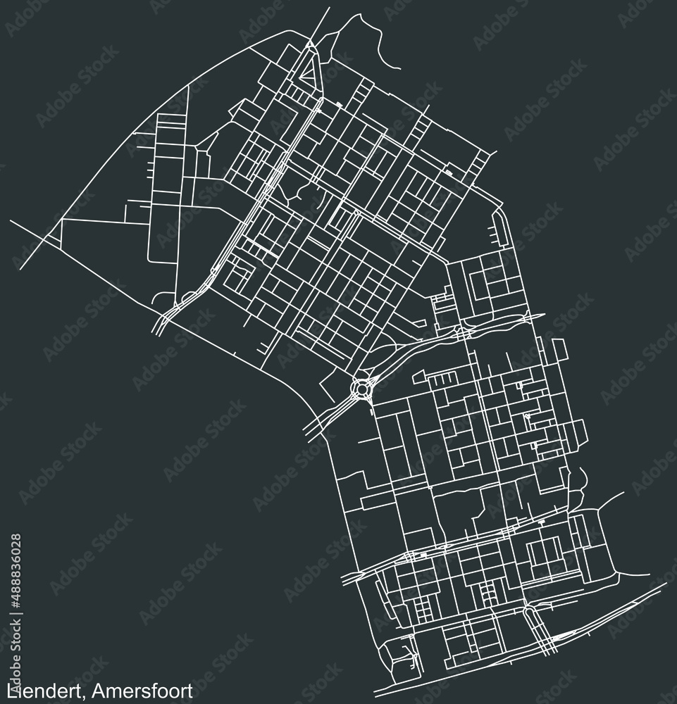Detailed negative navigation white lines urban street roads map of the LIENDERT DISTRICT of the Dutch regional capital city Amersfoort, Netherlands on dark gray background
