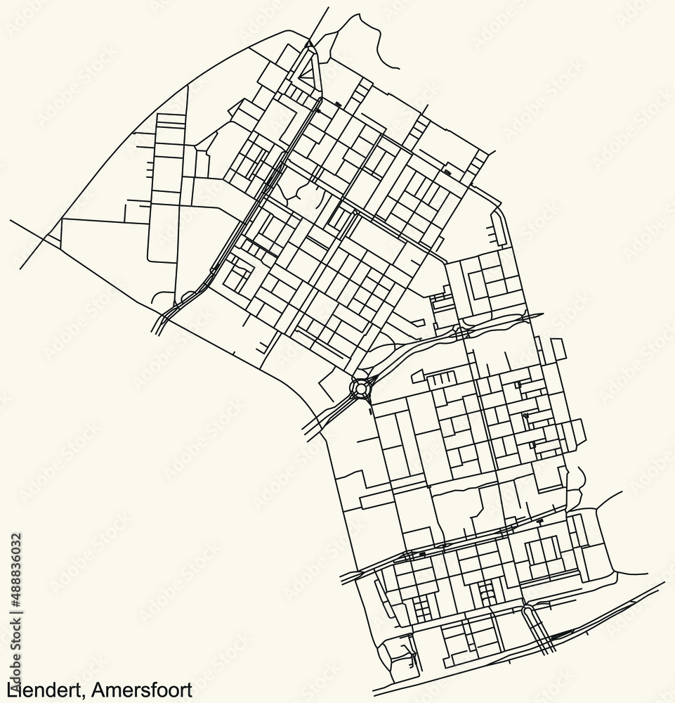 Detailed navigation black lines urban street roads map of the LIENDERT DISTRICT of the Dutch regional capital city Amersfoort, Netherlands on vintage beige background