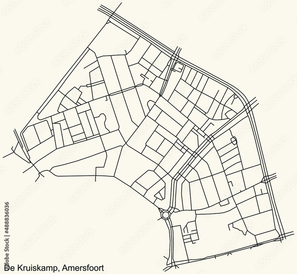 Detailed navigation black lines urban street roads map of the DE KRUISKAMP DISTRICT of the Dutch regional capital city Amersfoort, Netherlands on vintage beige background