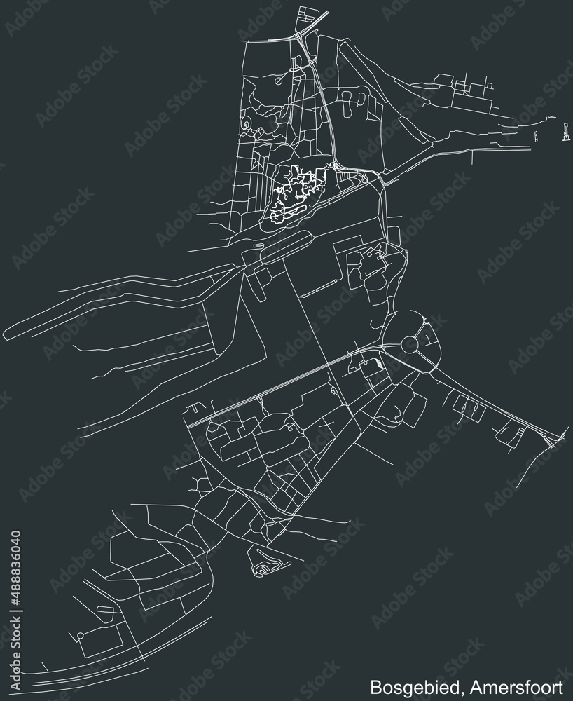 Detailed negative navigation white lines urban street roads map of the BOSGEBIED DISTRICT of the Dutch regional capital city Amersfoort, Netherlands on dark gray background