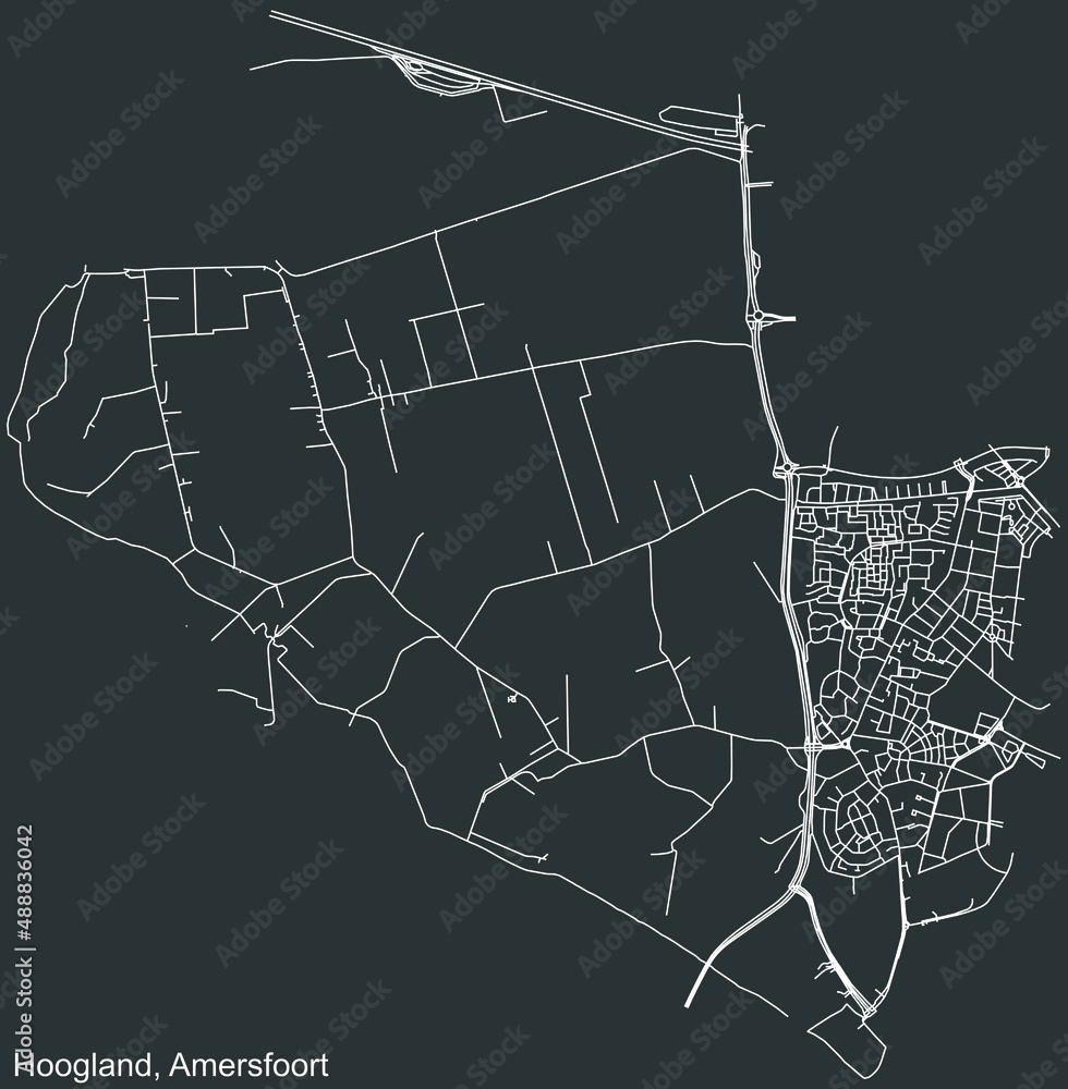 Detailed negative navigation white lines urban street roads map of the HOOGLAND DISTRICT of the Dutch regional capital city Amersfoort, Netherlands on dark gray background
