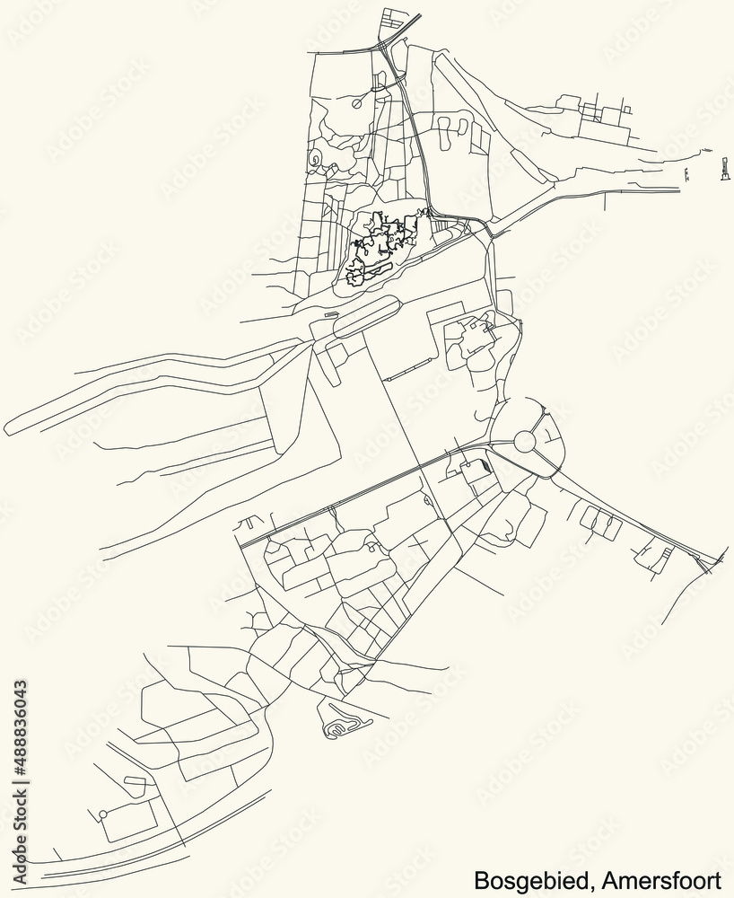Obraz premium Detailed navigation black lines urban street roads map of the BOSGEBIED DISTRICT of the Dutch regional capital city Amersfoort, Netherlands on vintage beige background