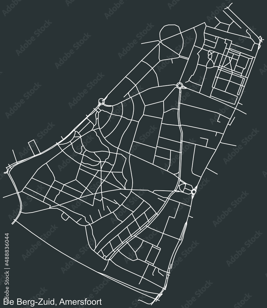 Detailed negative navigation white lines urban street roads map of the DE BERG-ZUID DISTRICT of the Dutch regional capital city Amersfoort, Netherlands on dark gray background