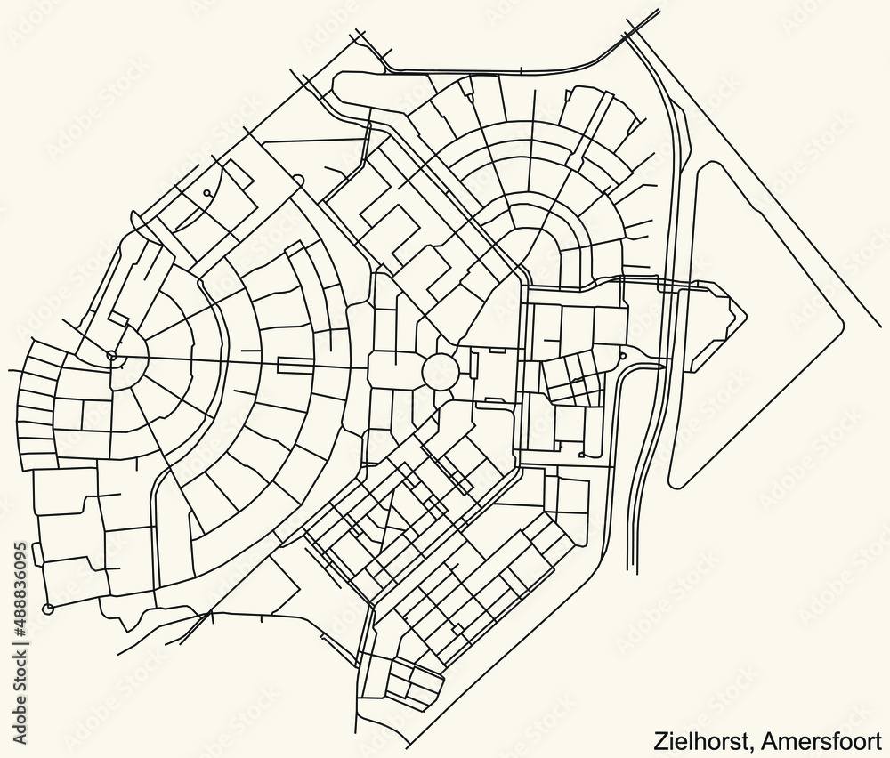 Detailed navigation black lines urban street roads map of the ZIELHORST DISTRICT of the Dutch regional capital city Amersfoort, Netherlands on vintage beige background