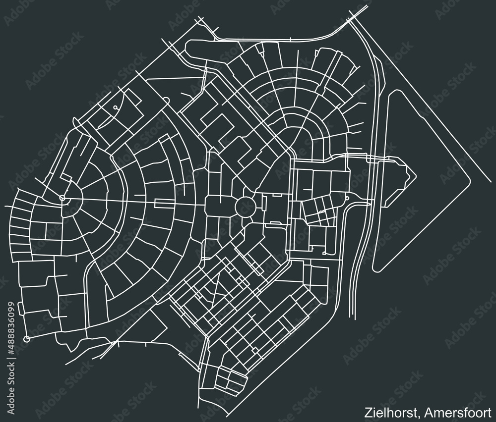 Detailed negative navigation white lines urban street roads map of the ZIELHORST DISTRICT of the Dutch regional capital city Amersfoort, Netherlands on dark gray background