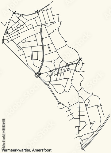 Detailed navigation black lines urban street roads map of the VERMEERKWARTIER DISTRICT of the Dutch regional capital city Amersfoort  Netherlands on vintage beige background