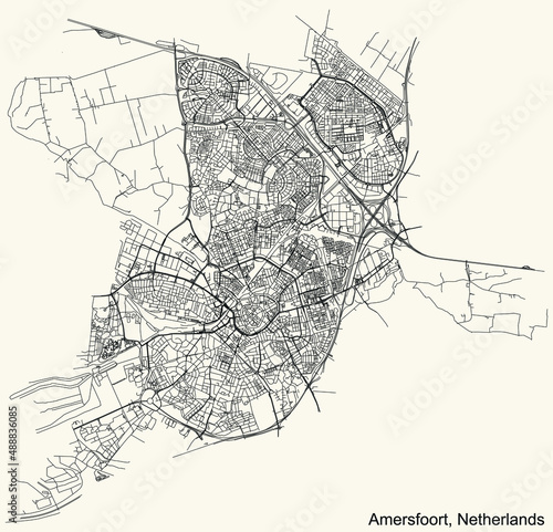 Detailed navigation black lines urban street roads map of the Dutch regional capital city of AMERSFOORT, NETHERLANDS on vintage beige background