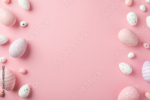 Canvas Print Top view photo of easter decorations lilac pink and white easter eggs on isolate